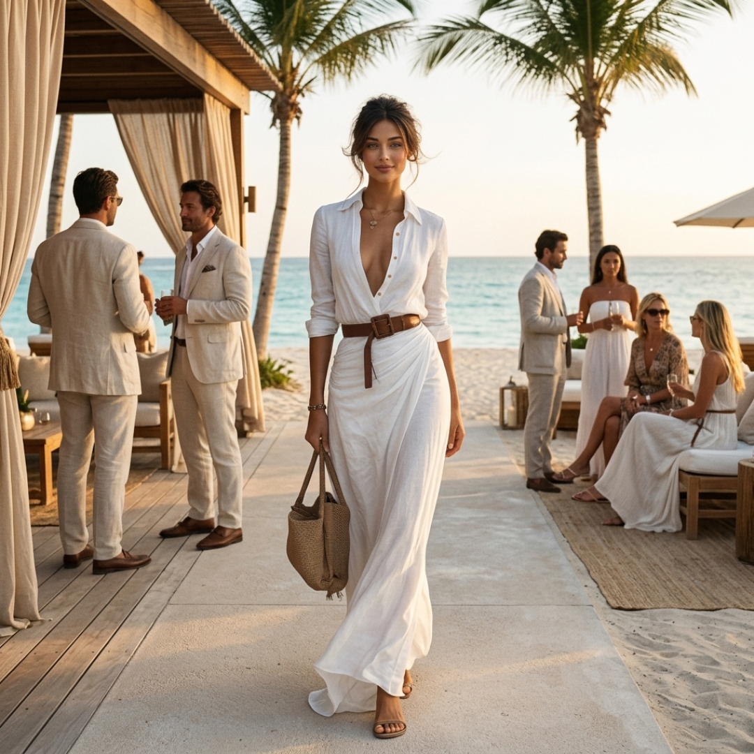 White maxi wrap dress with reversible collar, long sleeves, belted waist and button placket