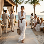 White maxi wrap dress with reversible collar, long sleeves, belted waist and button placket