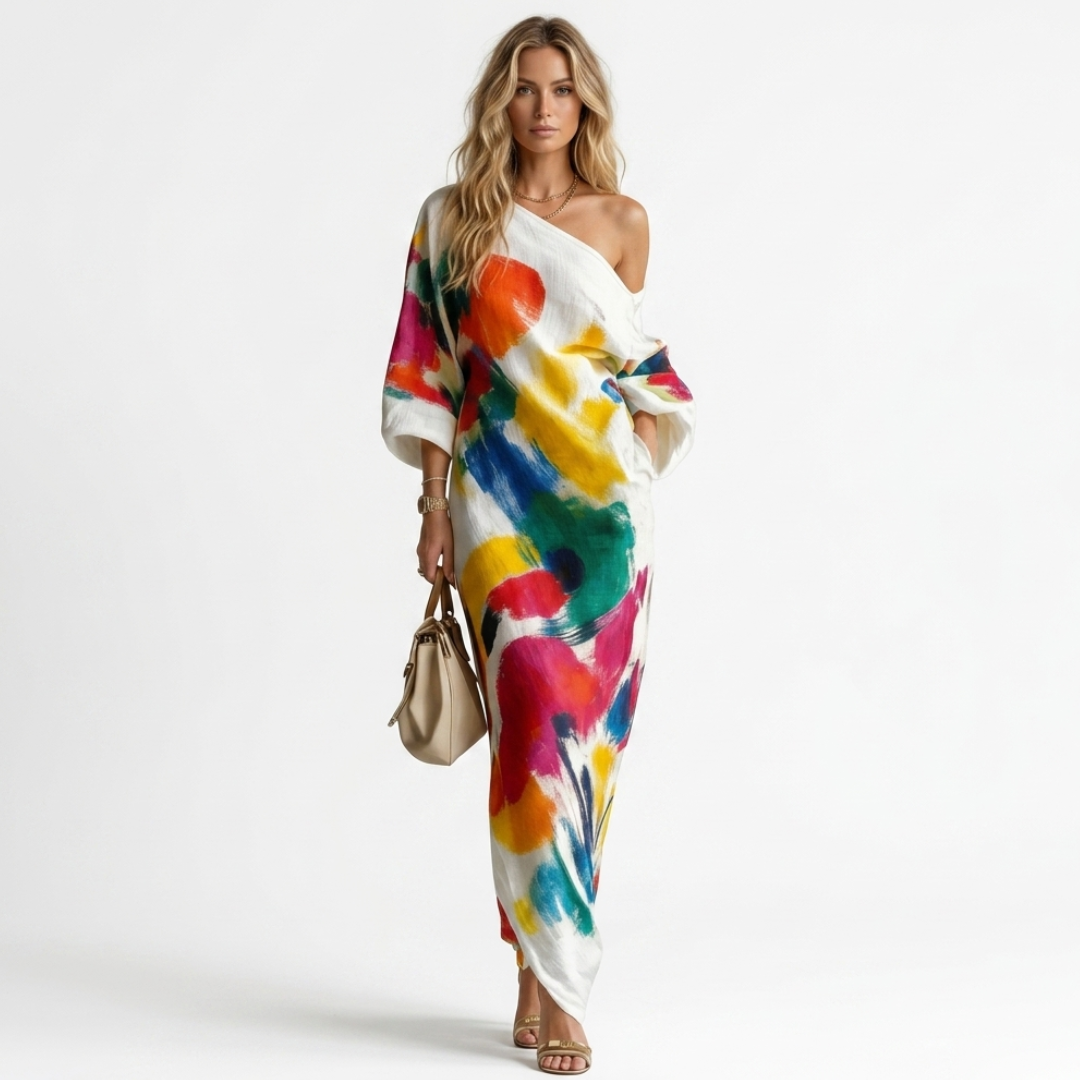 One-shoulder maxi dress, white with colorful abstract paint print and long loose sleeves