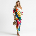 One-shoulder maxi dress, white with colorful abstract paint print and long loose sleeves