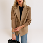 Beige casual blazer with notch lapels, ribbed sleeves, and four-button front
