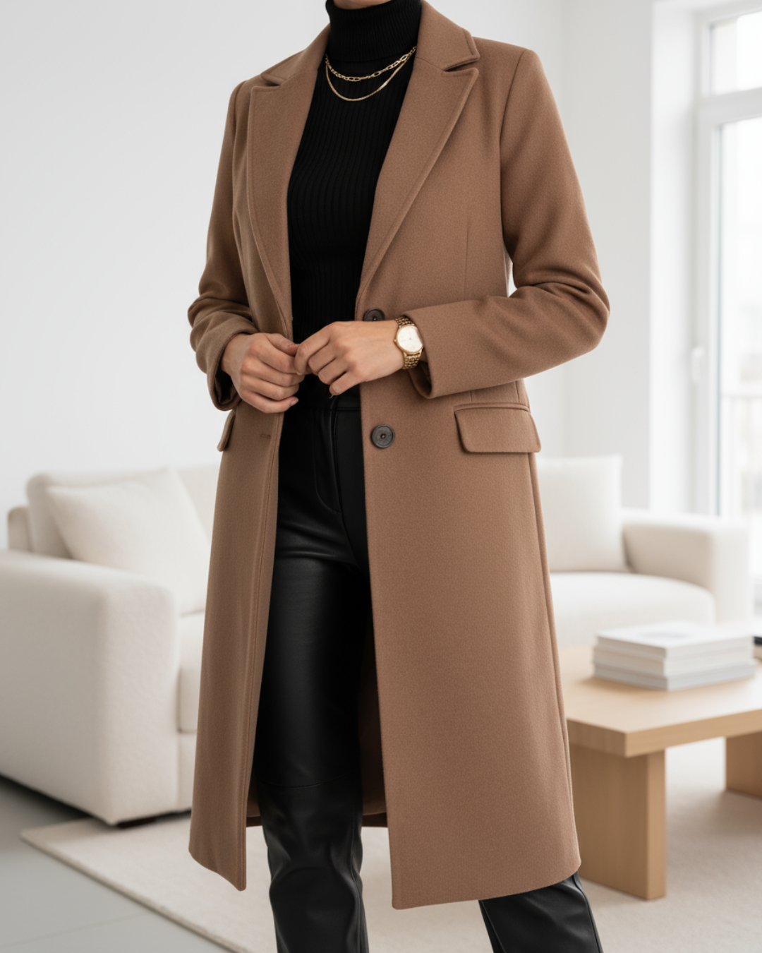 Women’s brown long tailored coat with notched lapels and front button closure