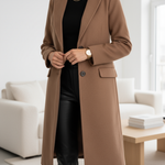 Women’s brown long tailored coat with notched lapels and front button closure