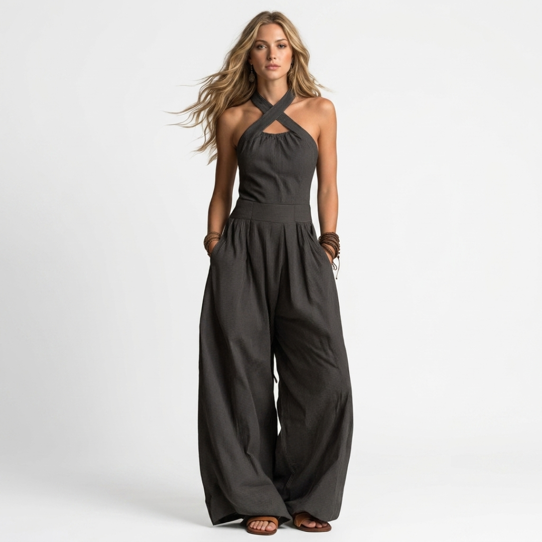 Eva cross-neck jumpsuit, black halter with crossed straps and wide-leg pants