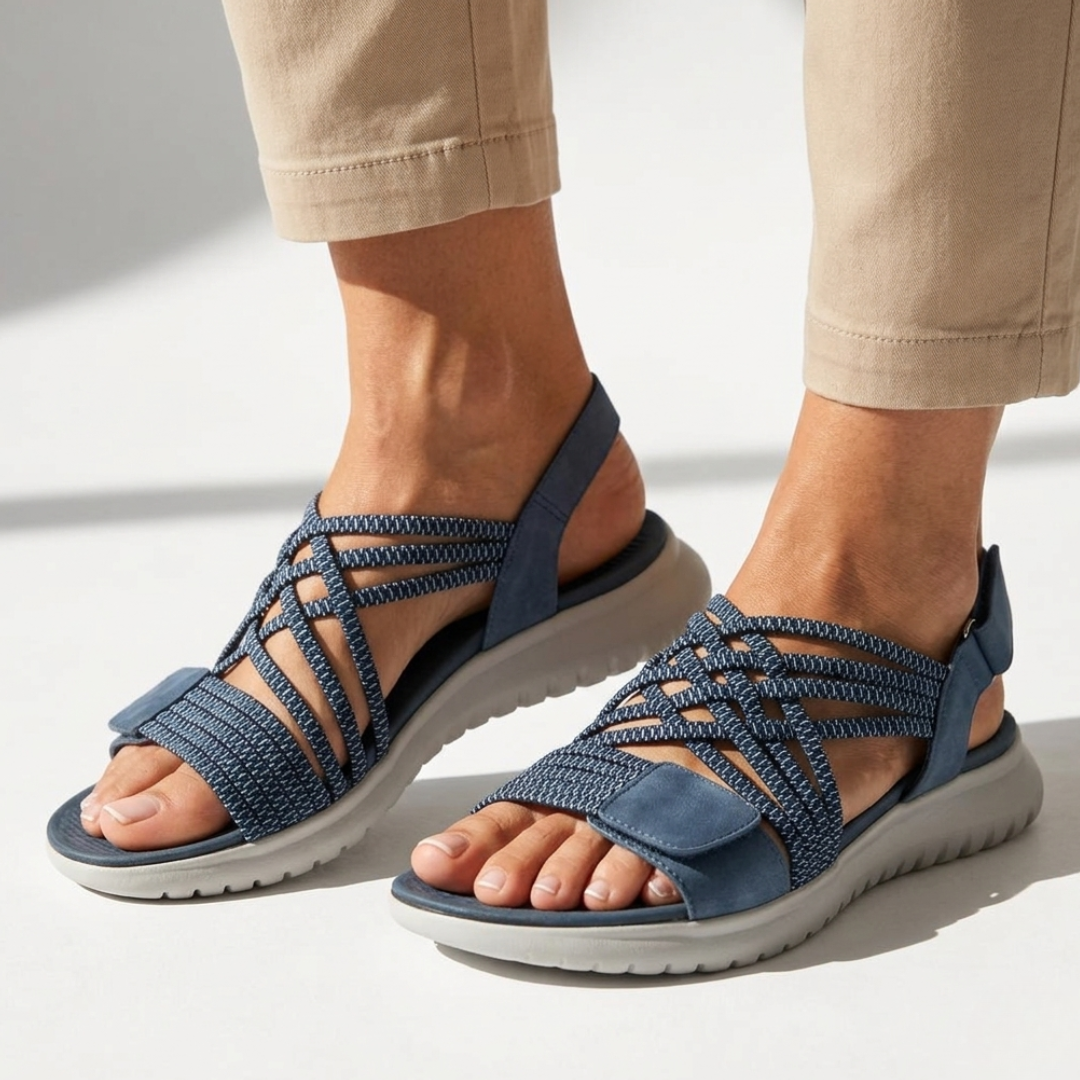 Kassandra orthopedic comfort sandals, blue cross-hatched straps and gray cushioned sole