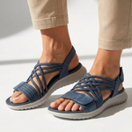 Kassandra orthopedic comfort sandals, blue cross-hatched straps and gray cushioned sole