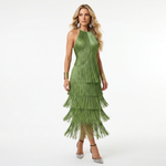Tereza ruffled dress, green sleeveless halter with tiered fringe skirt