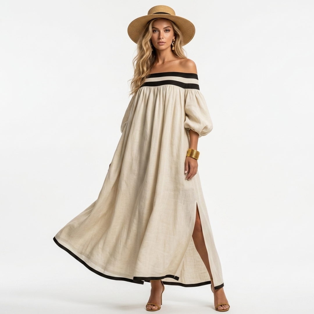 Beige long off-shoulder dress with black-trim stripes and gathered puff sleeves.