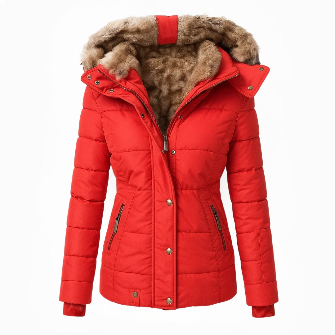 Women's winter puffer jacket, red with faux-fur hood and button front