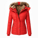 Women's winter puffer jacket, red with faux-fur hood and button front