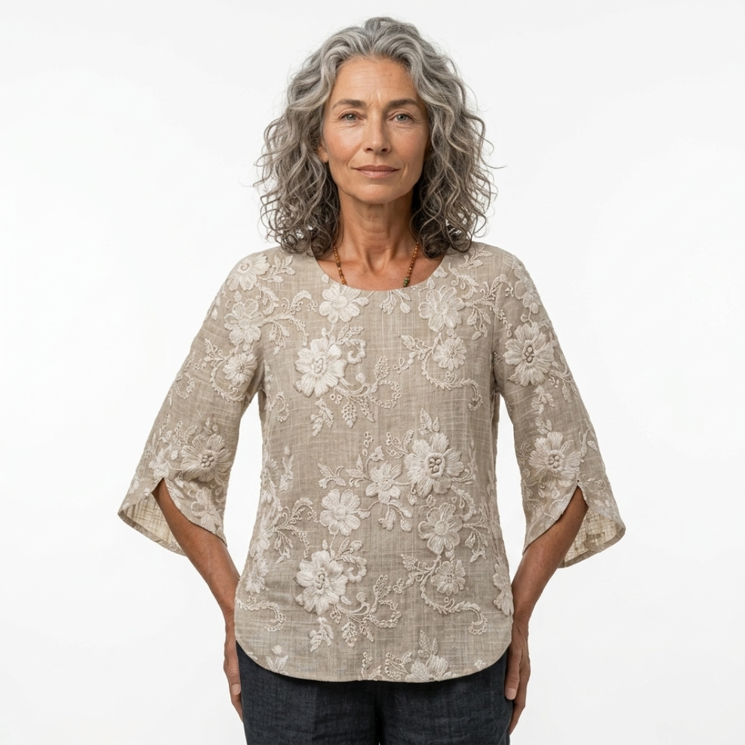 Printed floral top with scoop neck and lace-style 3/4 sleeves, beige