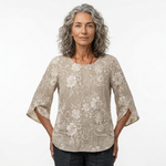 Printed floral top with scoop neck and lace-style 3/4 sleeves, beige