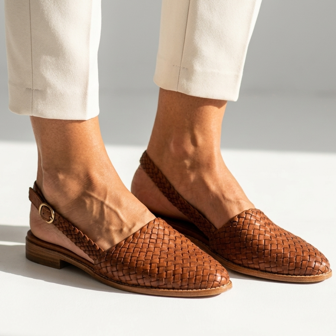 Brown woven leather summer loafers with round buckle strap and low wooden heel