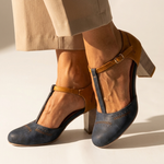 Two-tone high-heel T-strap shoes with buckle, dark blue and gray suede look