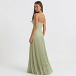 Sage green strapless maxi dress with pleated, gathered skirt, side view
