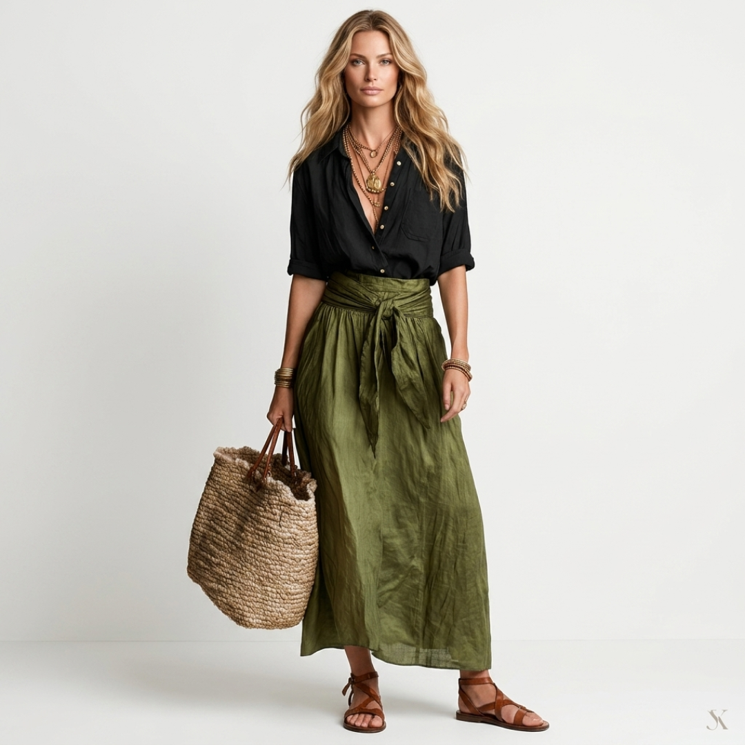 Two-piece set: black short-sleeve button blouse and olive green drawstring skirt