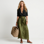 Two-piece set: black short-sleeve button blouse and olive green drawstring skirt