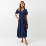 Navy short-sleeve midi dress with V-neck and gathered waist