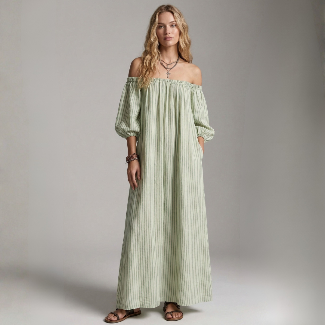 Green vertical striped off-shoulder maxi dress with balloon sleeves and elastic neckline