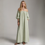 Green vertical striped off-shoulder maxi dress with balloon sleeves and elastic neckline