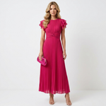 Delia pleated midi dress in magenta pink, ruffled cap sleeves and twist waist