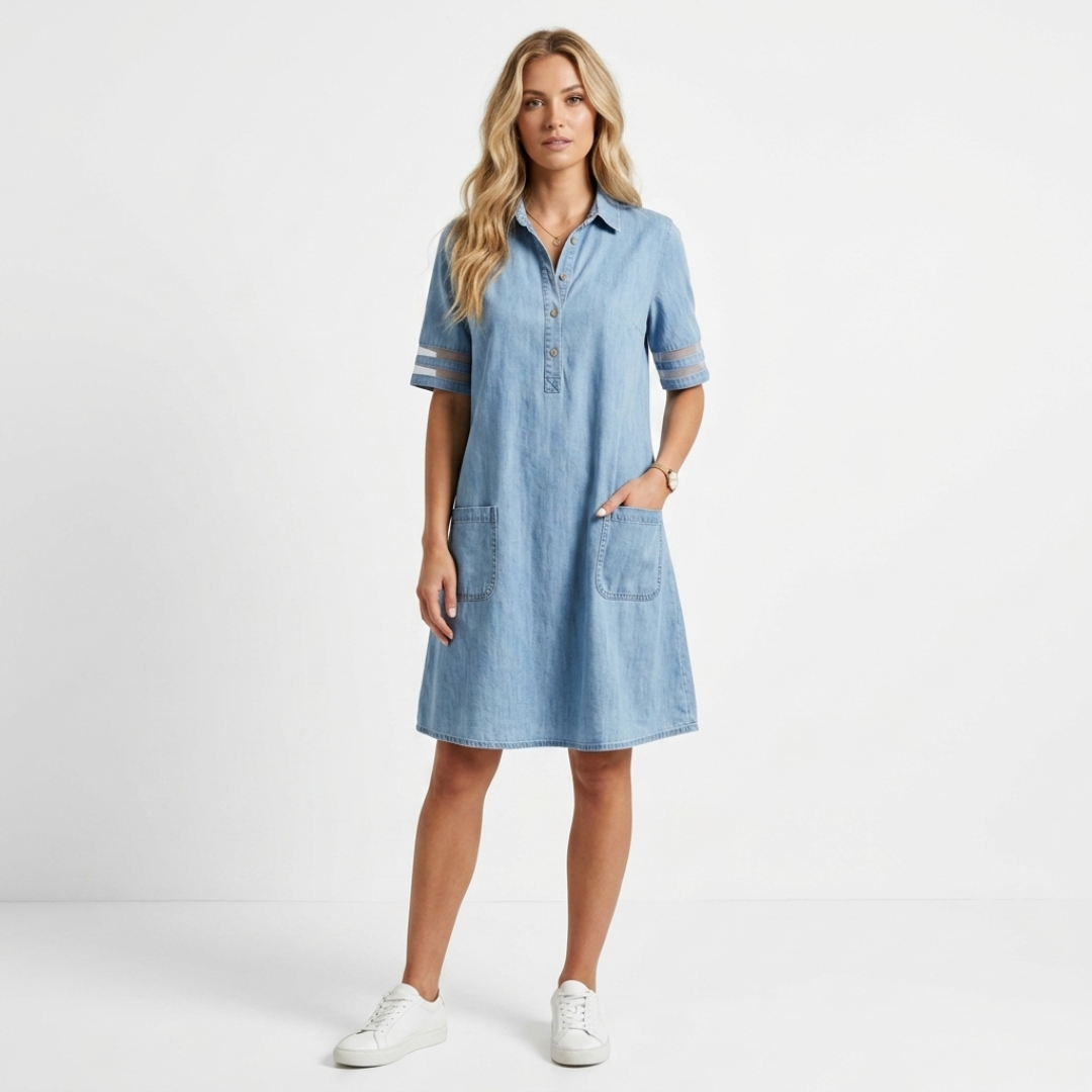 Light blue denim shirt dress with button front, turn-down collar, patch pockets