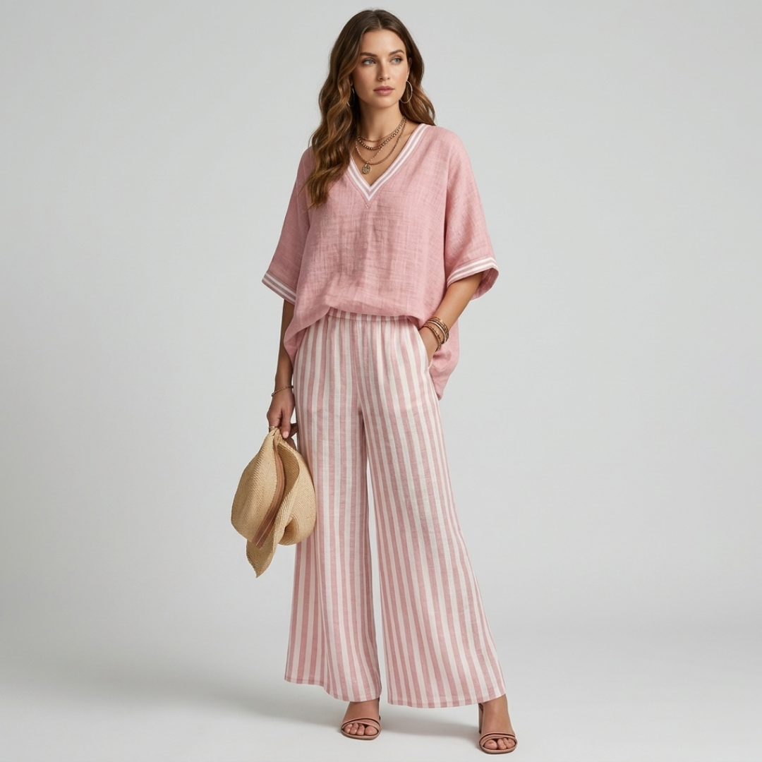 Women's pink V-neck linen-look top with rolled sleeves and striped wide-leg pants