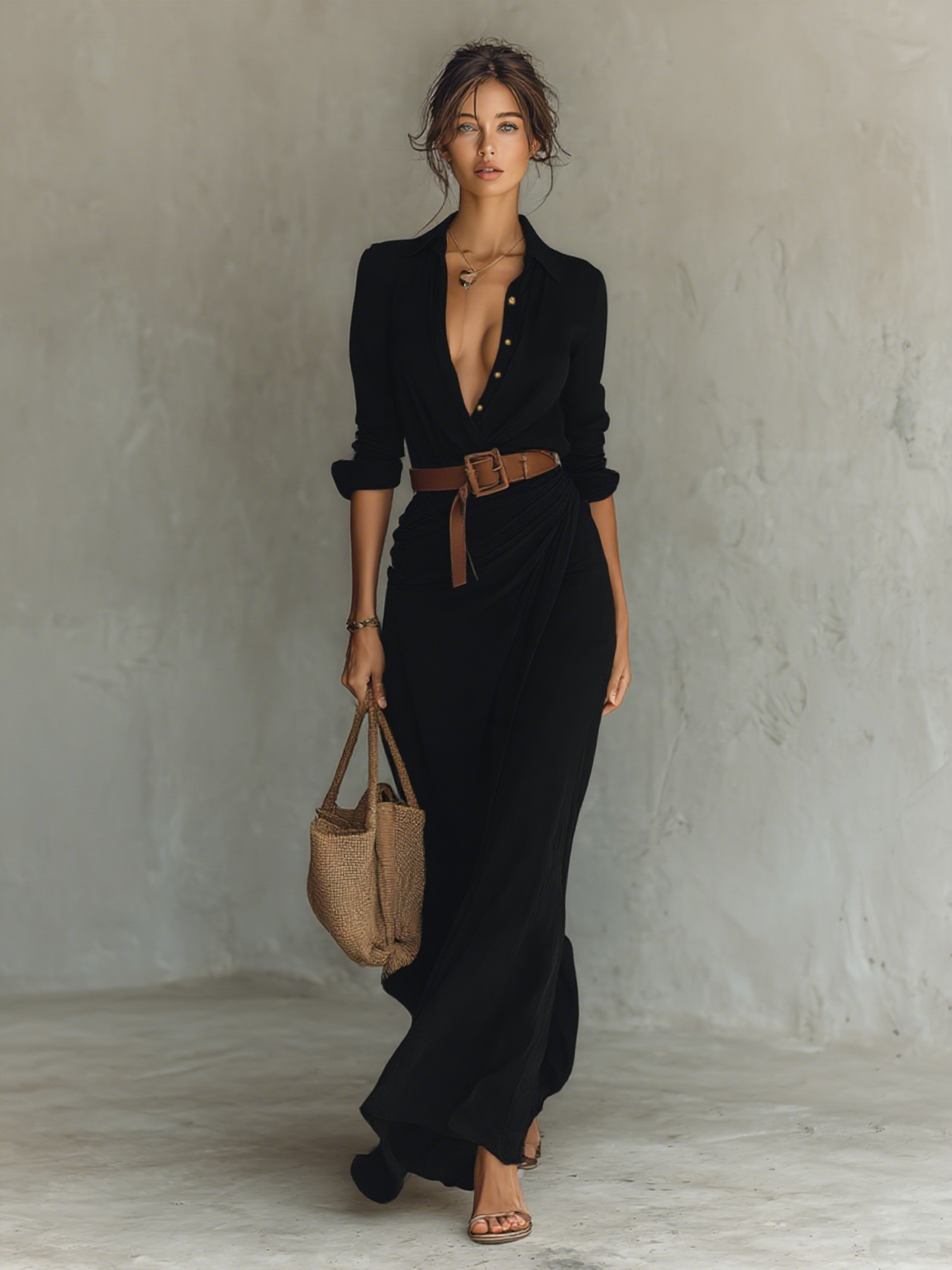 Black long-sleeve maxi dress with V-neck buttons and belted gathered waist, side view