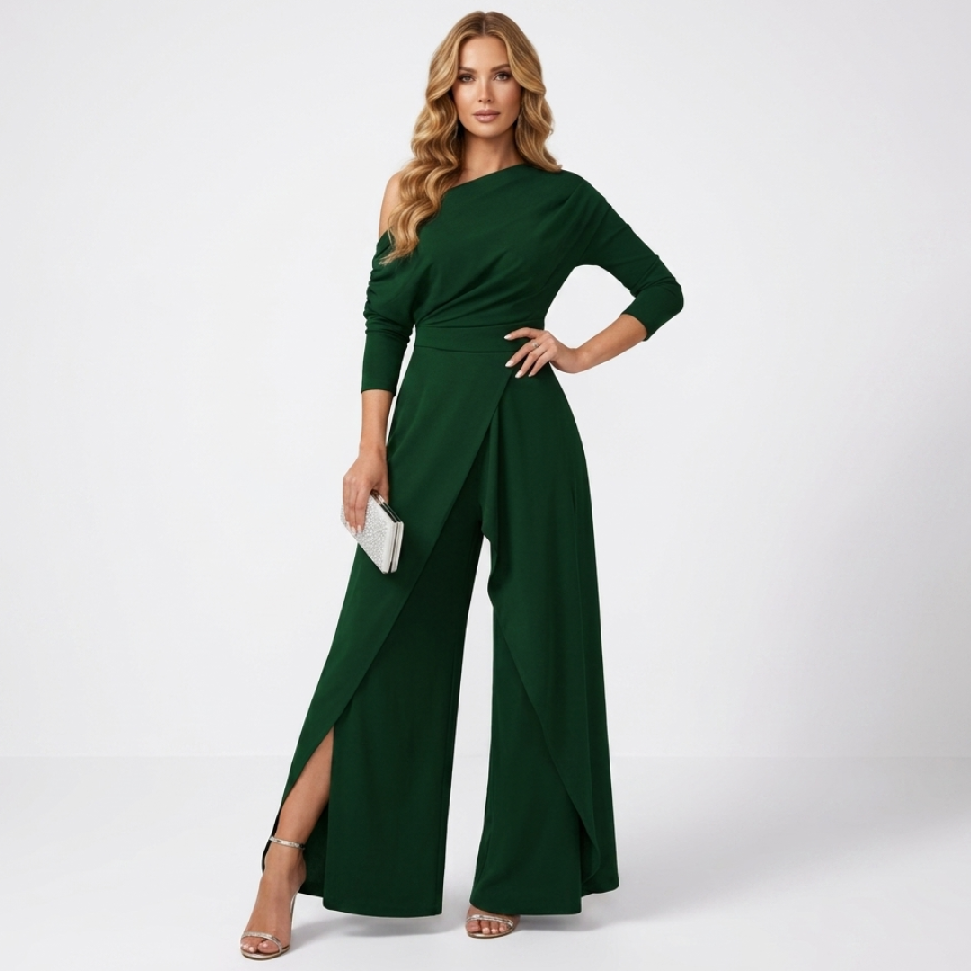 Green one-shoulder jumpsuit with long sleeves and wide-leg drape front