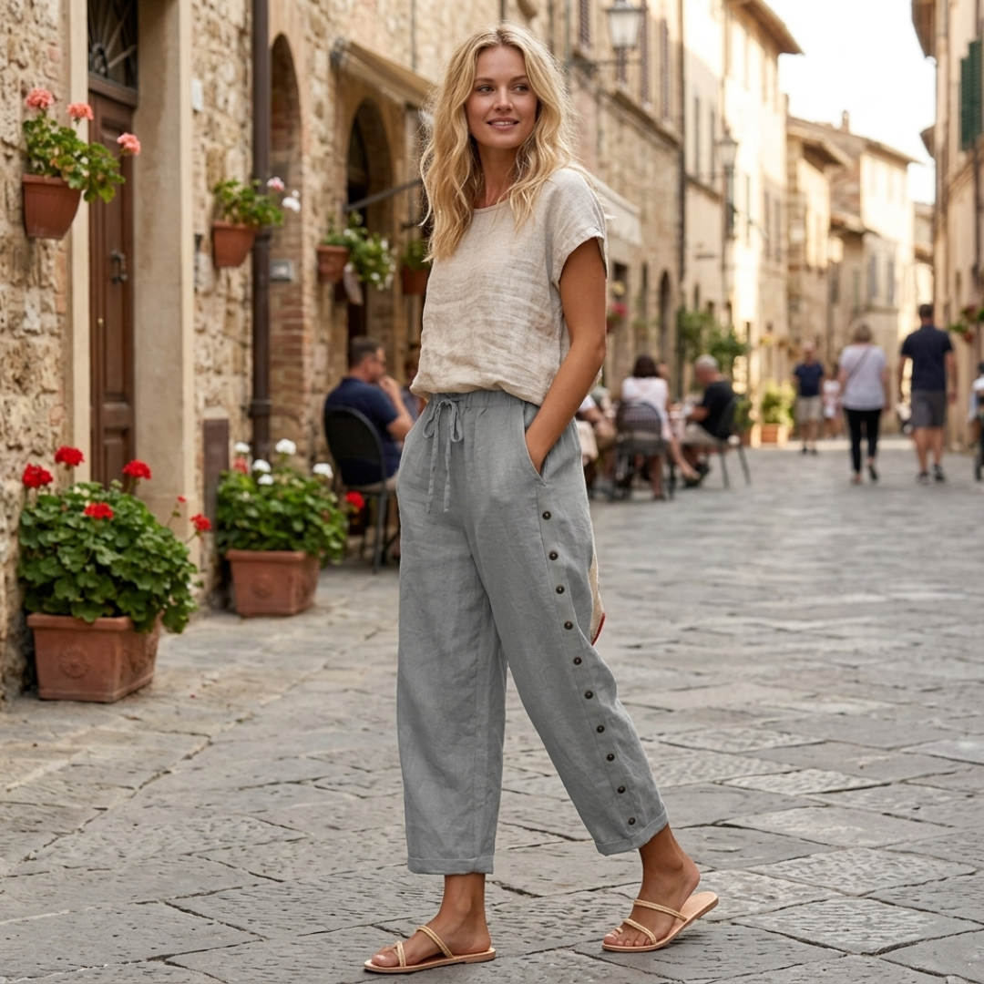 Dorin straight-leg trousers with drawstring waist and side button placket, gray