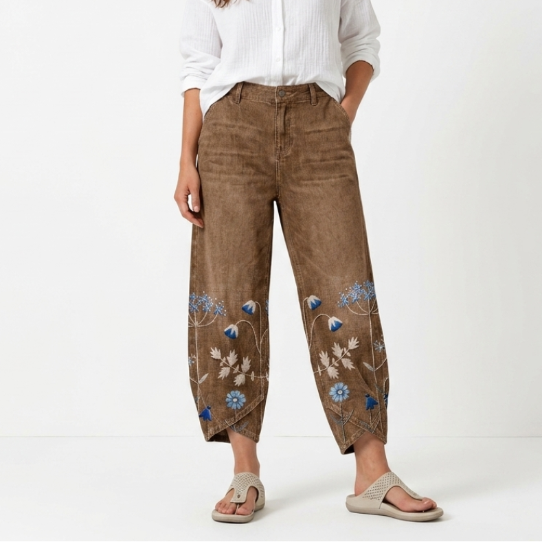Brown casual embroidered trousers with floral and butterfly hem panels