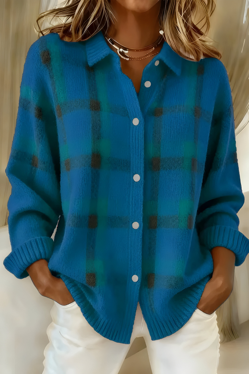 Blue plaid knit cardigan with button-front, V-neck collar, long sleeves.