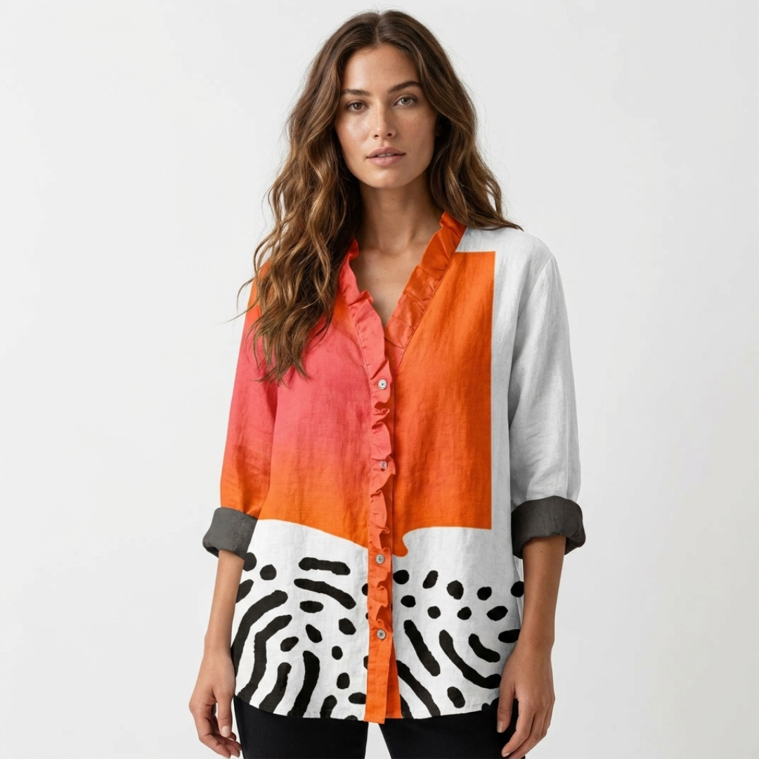 Multicolor linen blouse with V-neck, button front, zebra print panel and rolled sleeves