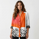 Multicolor linen blouse with V-neck, button front, zebra print panel and rolled sleeves