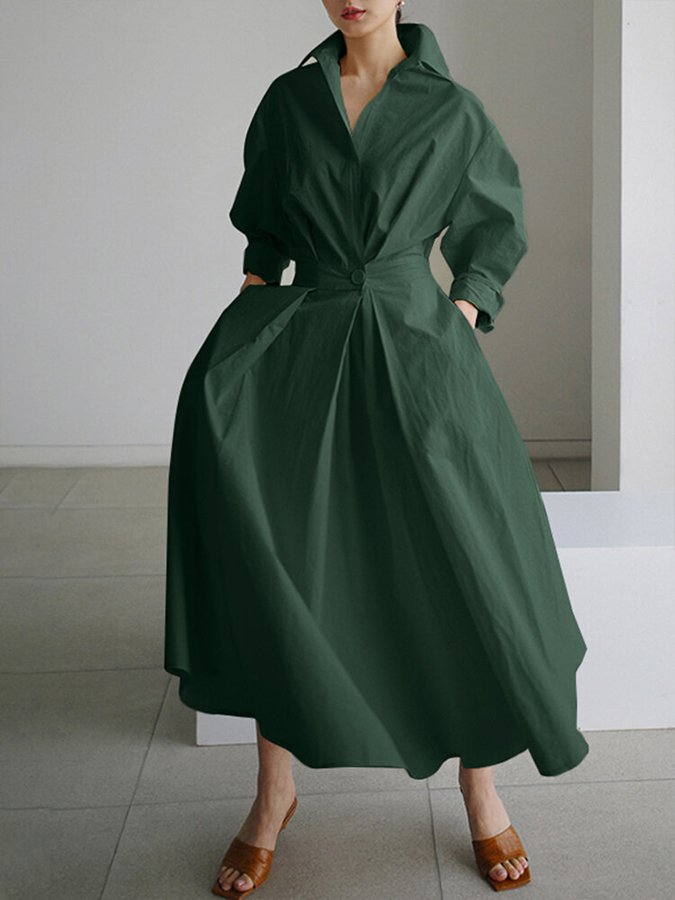 Dark green long button-front dress with puff sleeves and tied waist, A-line skirt