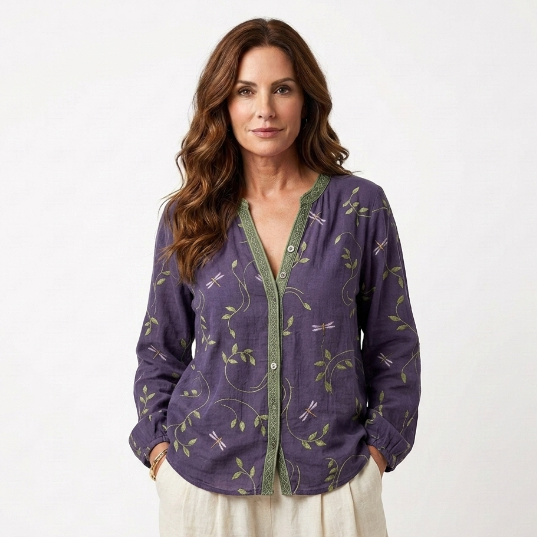 Catina retro print blouse, purple with green trim, long sleeves, button front