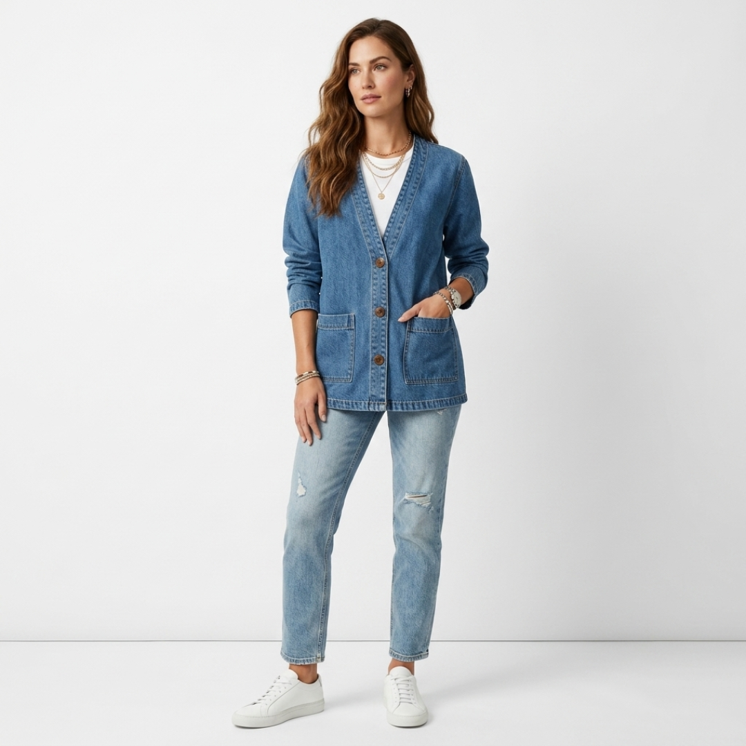 V-neck denim jacket with button placket and front patch pockets, long sleeves