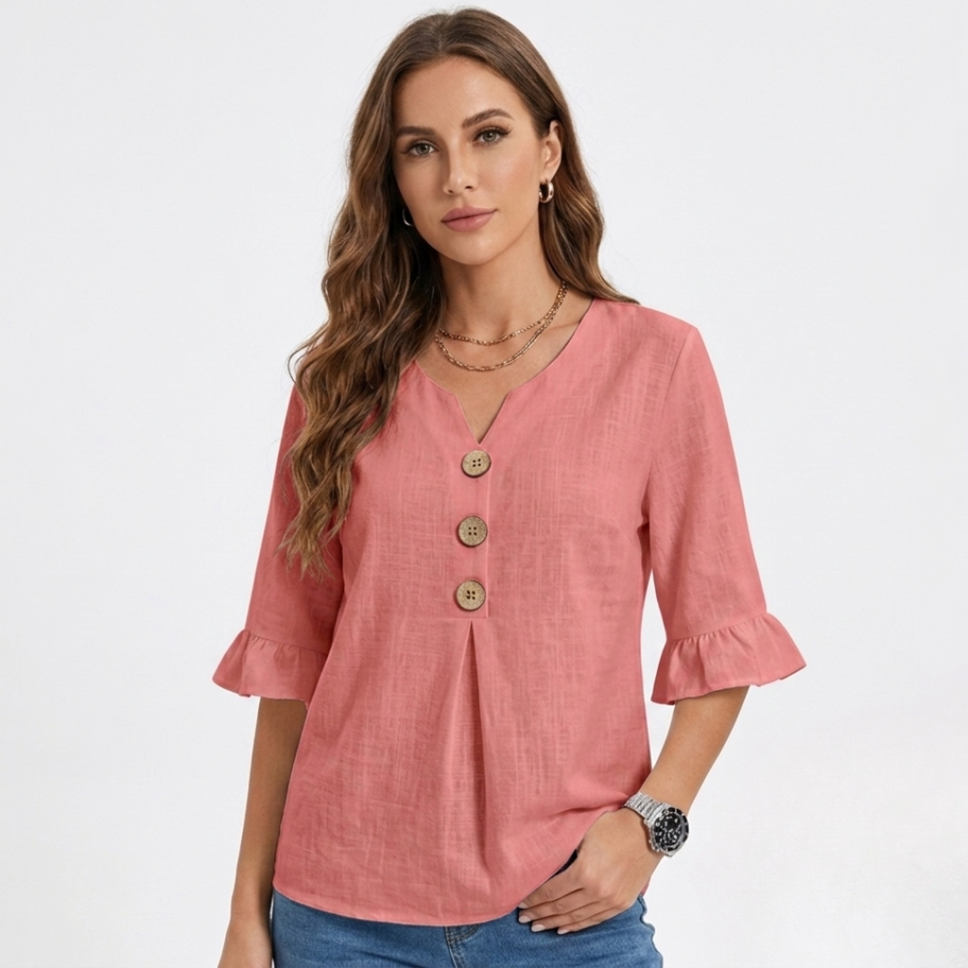 Pink linen-look blouse with V-neck, three-button front, and flared 3/4 sleeves