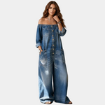 Vintage off-shoulder denim overalls, light blue wash, button front and patch pockets