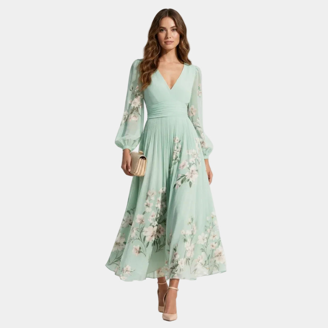 Mint green floral midi dress with V-neck, long sheer sleeves, and gathered waist