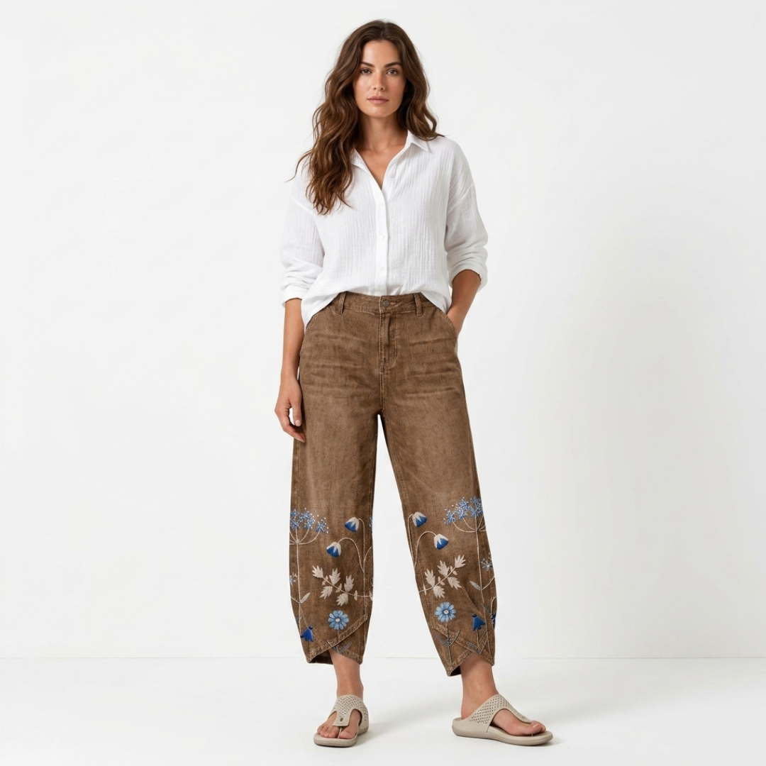 Dark brown casual embroidered trousers with floral and butterfly hem panels