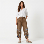 Dark brown casual embroidered trousers with floral and butterfly hem panels