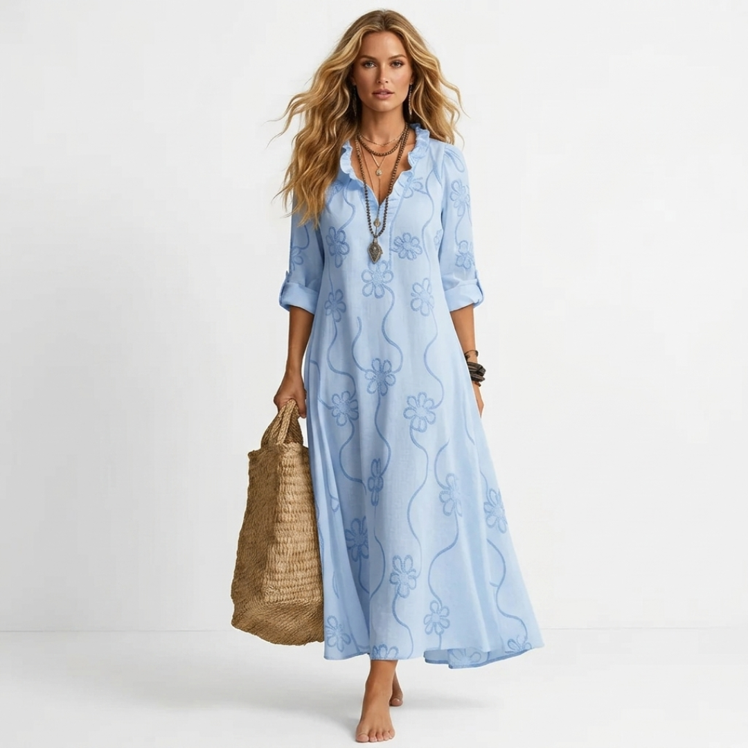 Long summer floral dress, light blue, V-neck, 3/4 sleeves, ankle length