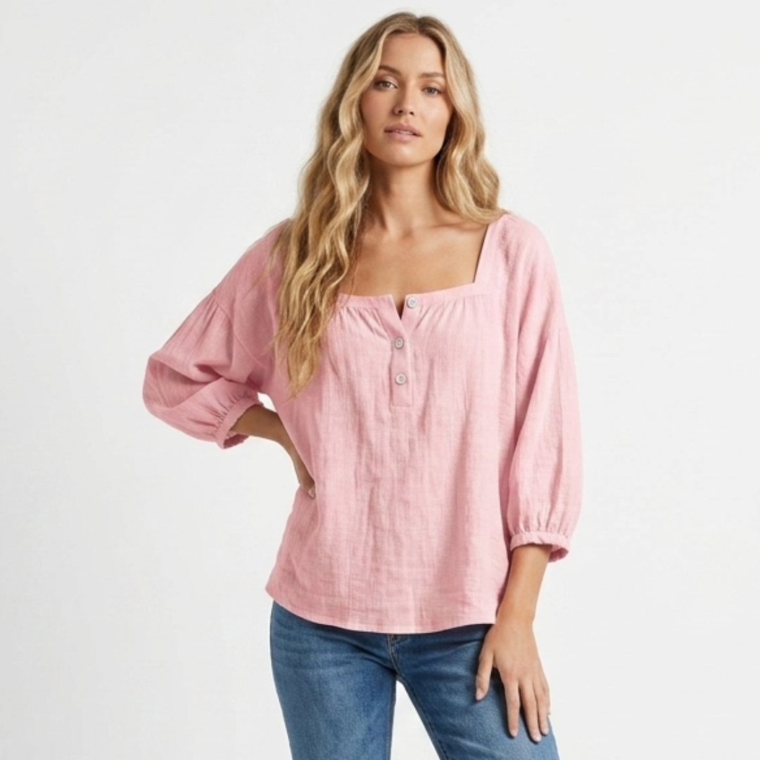 Linen blouse in dusty pink with square neckline and button front, gathered puff sleeves