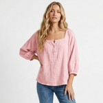 Linen blouse in dusty pink with square neckline and button front, gathered puff sleeves