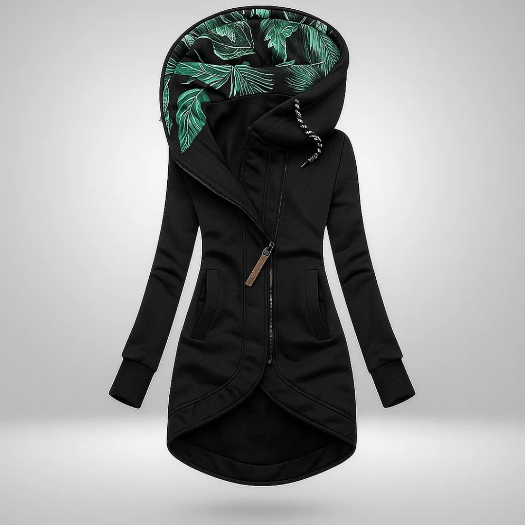 Women’s winter coat in black, zip-front hood with green leafy inner lining