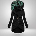 Women’s winter coat in black, zip-front hood with green leafy inner lining