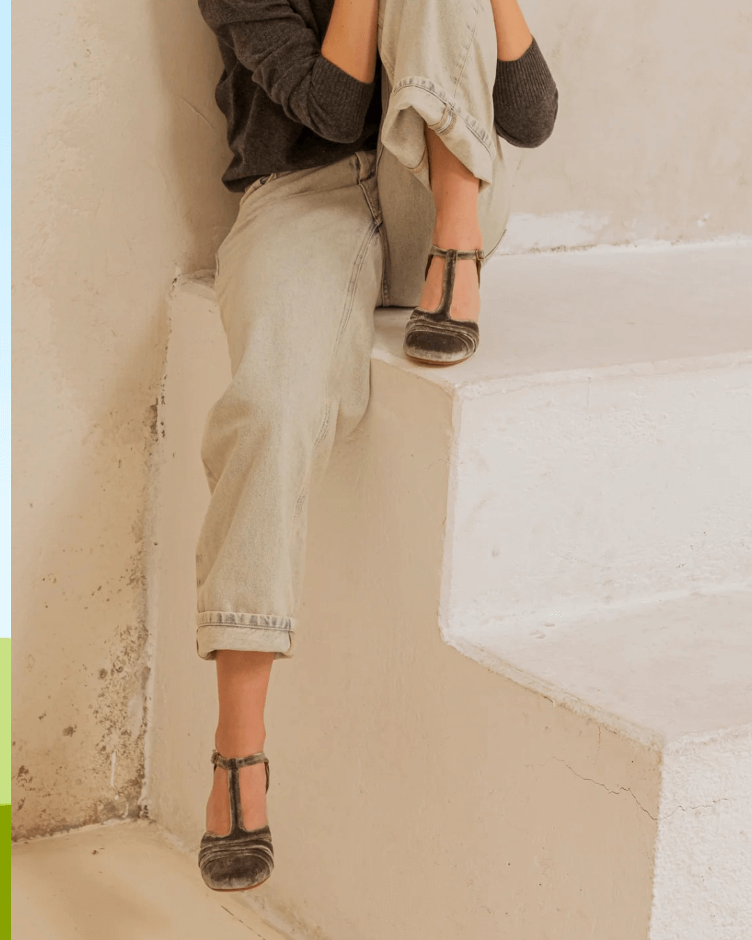 Brown T-strap heeled sandal with buckled ankle strap