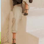 Brown T-strap heeled sandal with buckled ankle strap