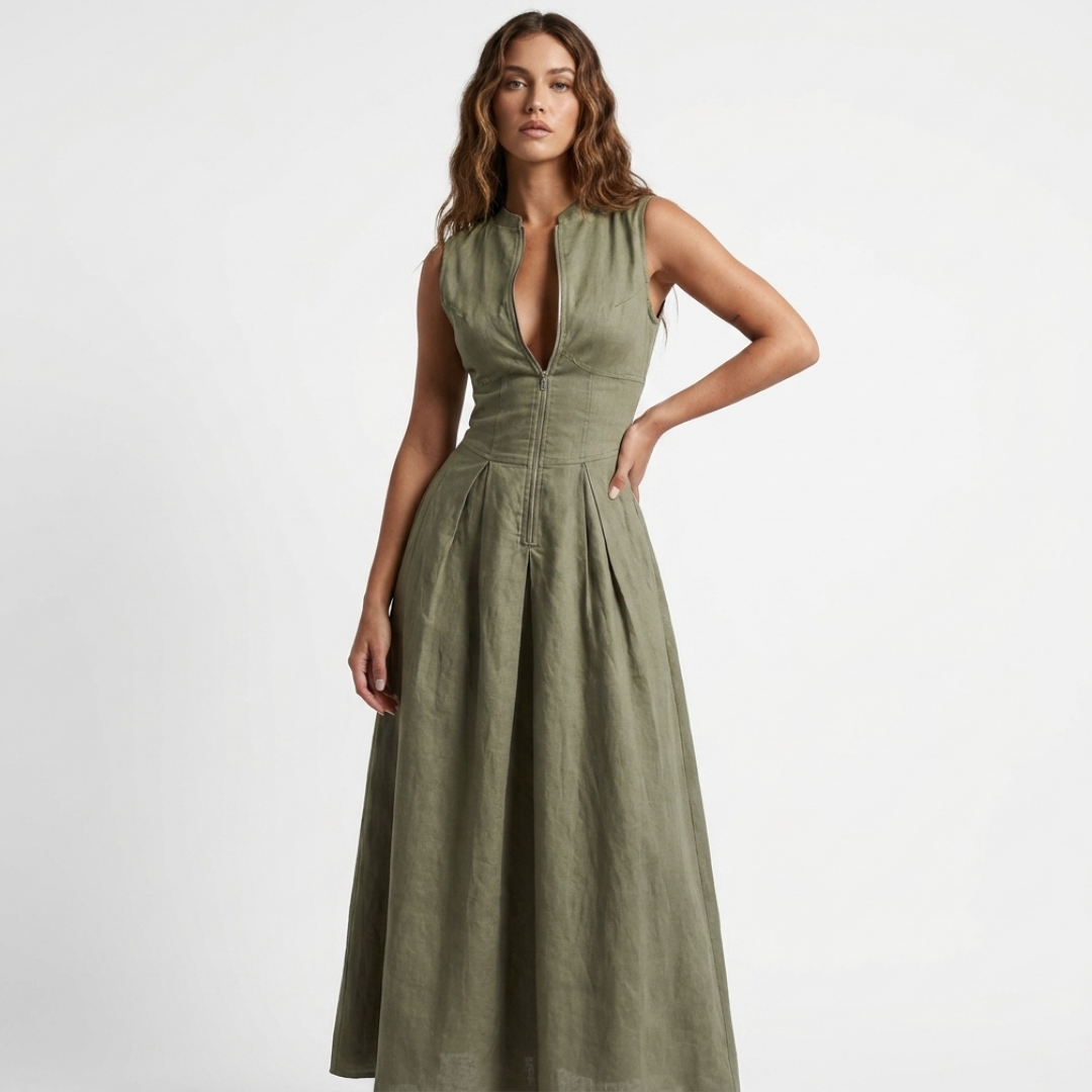 Sleeveless fitted midi dress in olive green with front zipper and gathered skirt